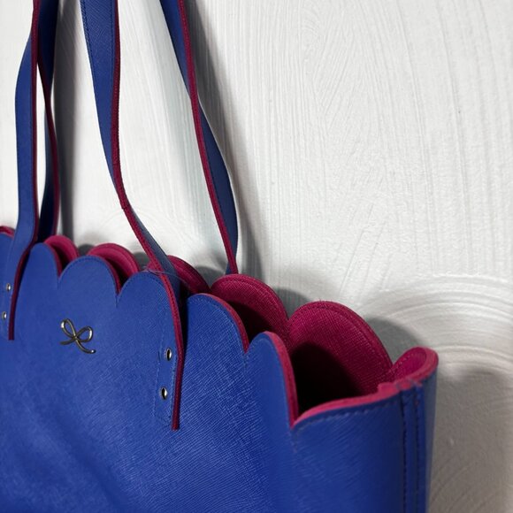 Blue Scalloped Tote Bag Faux Leather Pink Trim Bow Accent Large 18"x13" Shopper - Picture 3 of 6